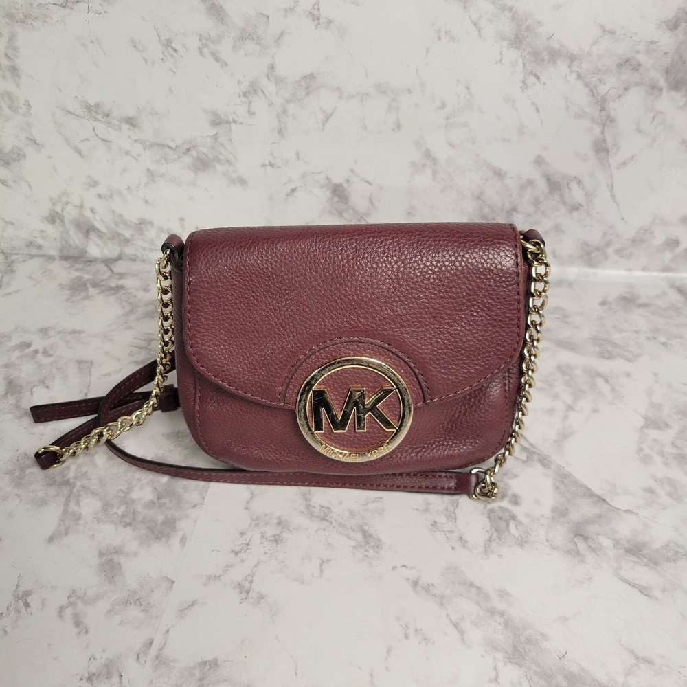 Michael Kors Pebbled‎ Leather Crossbody Bag Burgundy Gold Chain MK Logo Small